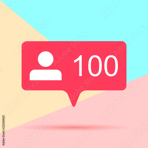 illustration of flat minimalism pastel colored one hundred like followers social media icon on pink and blue background