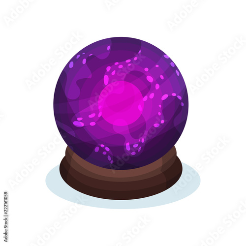 Purple glass sphere with bright pink glowing inside. Magic ball of fortune teller. Flat vector for advertising poster or flyer