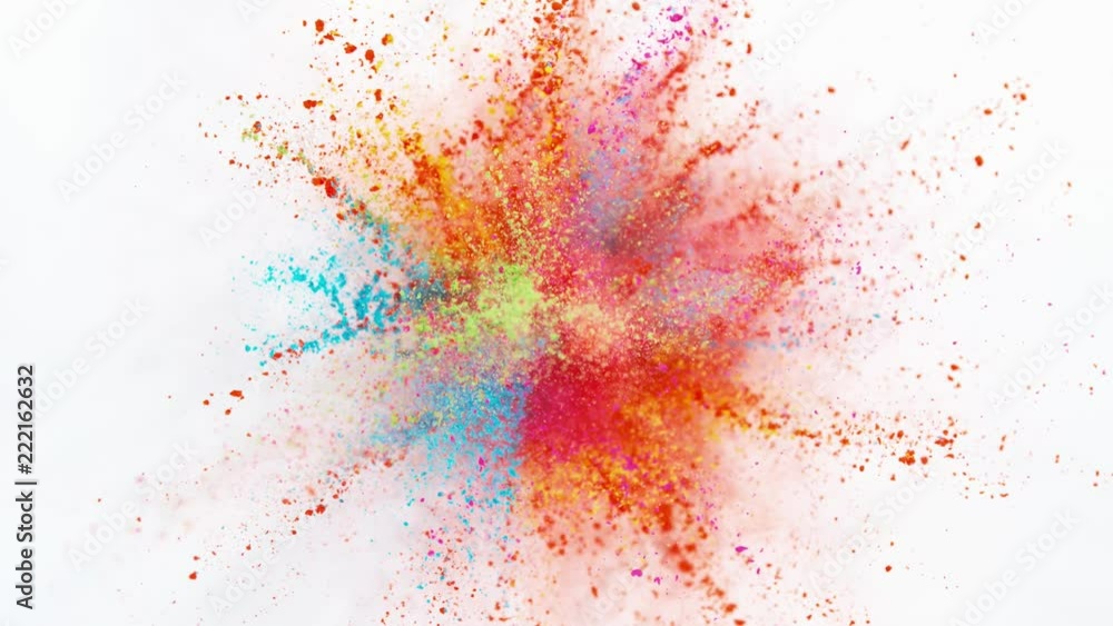 Super slow motion of coloured powder explosion isolated on white ...