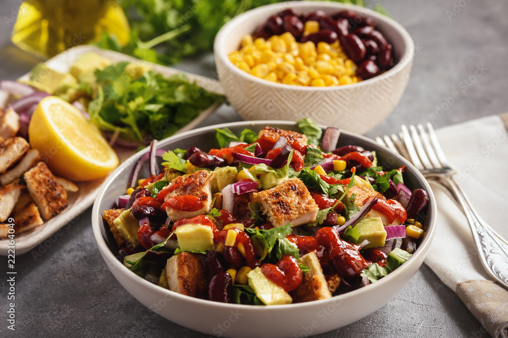 Chicken salad with avocado, corn and bean. Chicken salad with avocado, corn and bean.