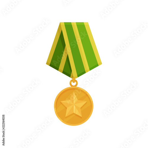 Military golden medal with star and green-yellow ribbon. Shiny army award for honor. Symbol of victory. Flat vector design