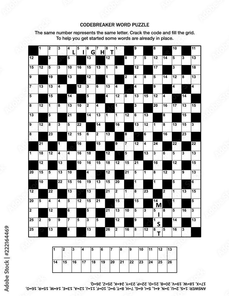Puzzle page with codebreaker (codeword, code cracker) word game or crossword  puzzle for grown-ups. General knowledge, some words already in place,  medium level. Answer included. Stock-Illustration | Adobe Stock