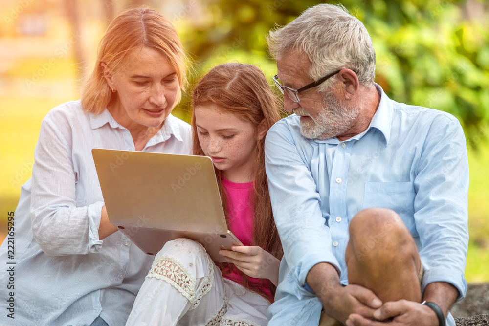 Families are using laptop computer together in the park. Soft focus concept. Families are using laptop computer together in the park. Soft focus concept.