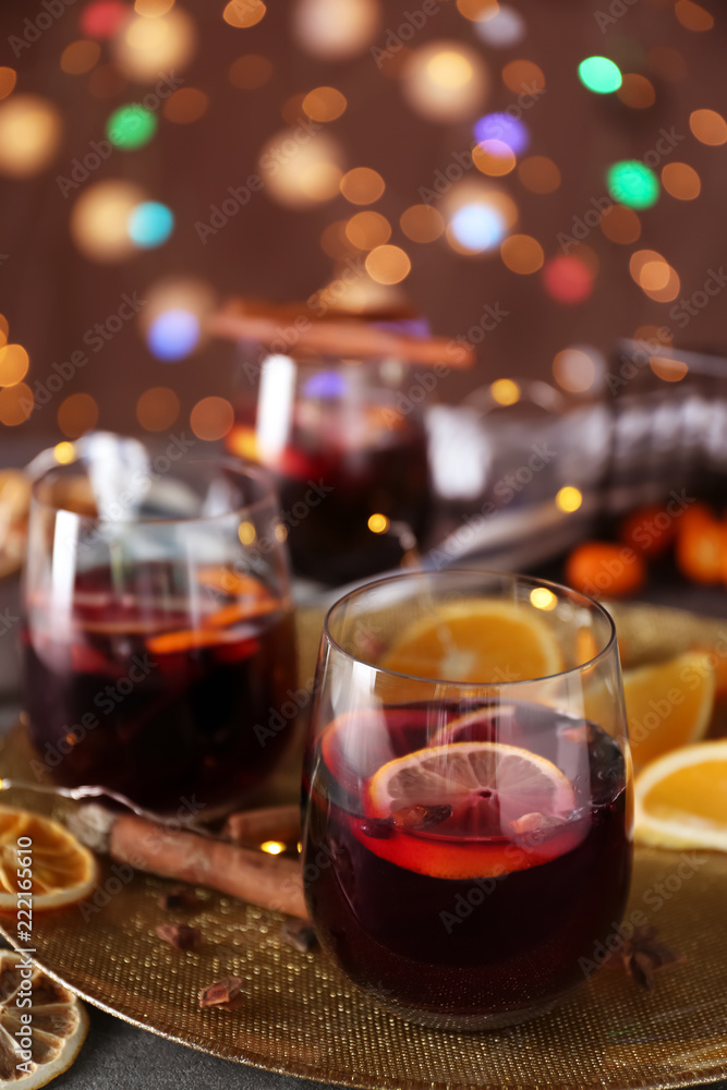 Glasses of delicious mulled wine on plate Glasses of delicious mulled wine on plate