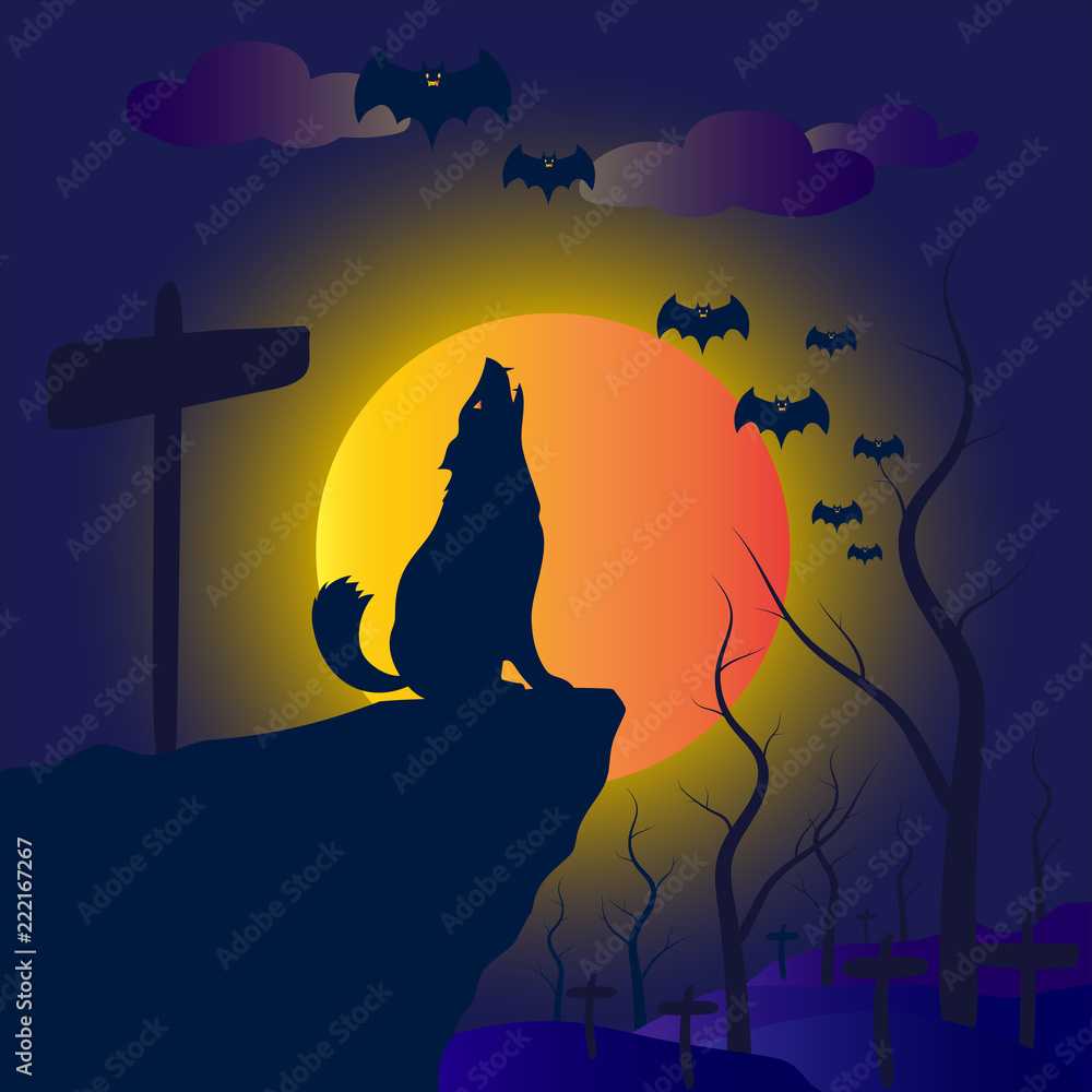 Halloween concept. Vector dog howl sitting on a cliff, with a full moon in the night.