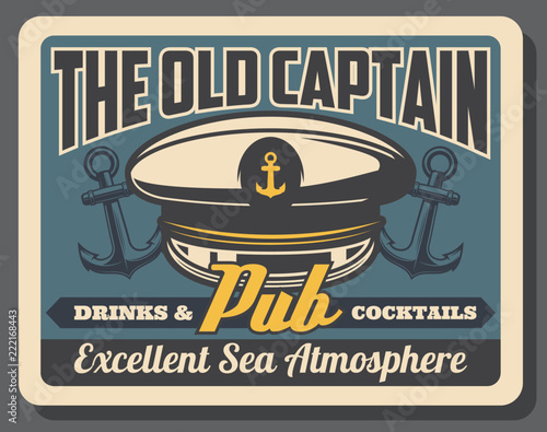 Old captain pub retro poster with sailor navy cap