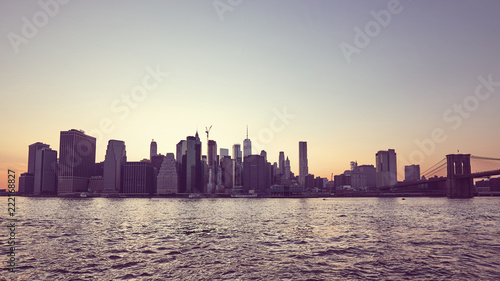 Manhattan at sunset, color toned picture, New York City, USA.