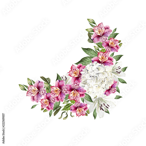 Beautiful watercolor wedding  bouquet with leaves and flowers of lily, alstro...