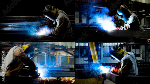 Industrial welding steel structure of Petrochemicals or Oil & Gas on black background , Process fluxed cored arc welding