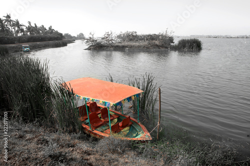 Colorful boat at kolleru lake and bird sanctuary in India photo