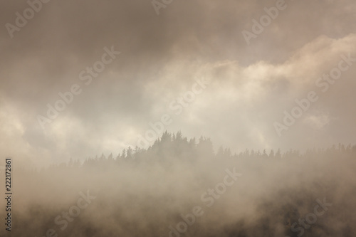 Summer mountain scenery with mist clouds, at sunset