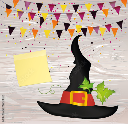 Halloween. Witch hat and garland of flags and confetti. Vector on wooden background. Yellow sheet of paper for notes. Sticker. Greeting card or invitation for a party and a party.