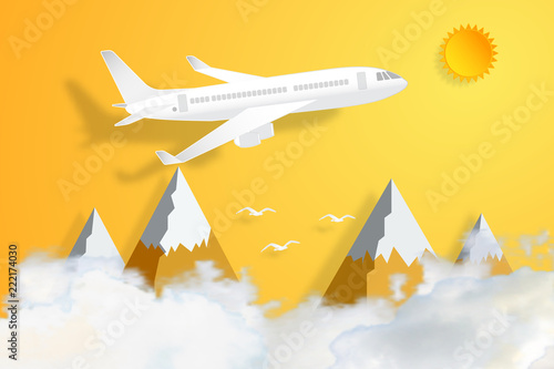 Airplane flying under orange sky and sunny as paper art, craft style and business, journey and travel concept. vector illustration