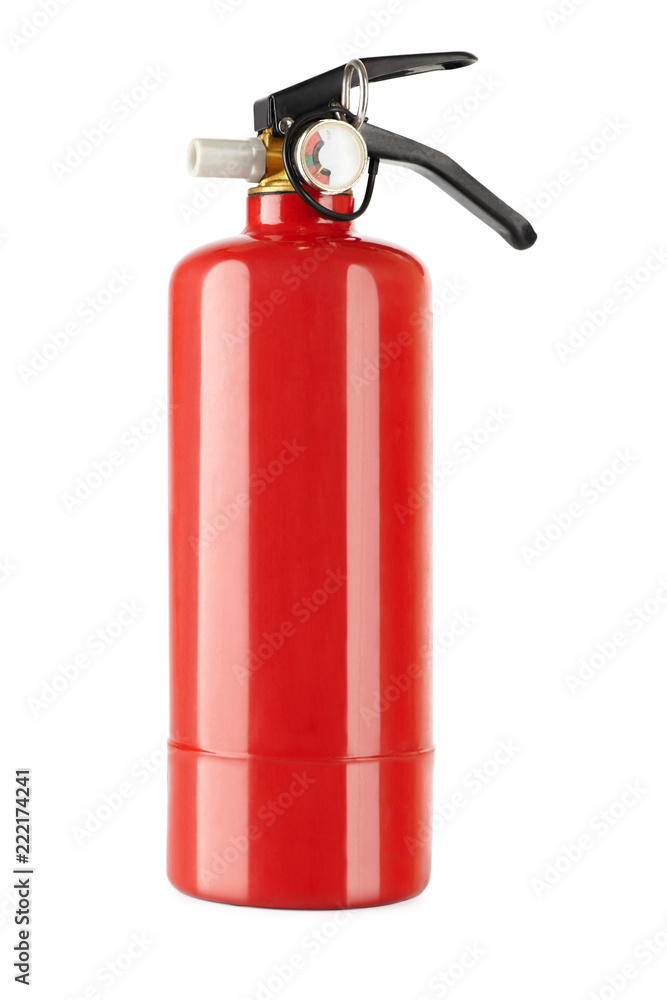 red metal balloon with a valve and a pressure gauge, fire extinguisher household fire safety object