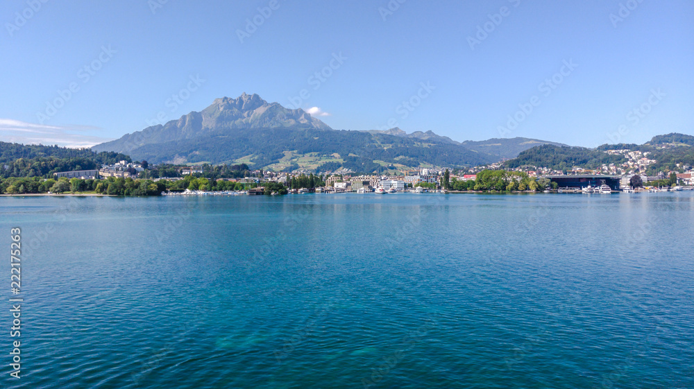beautiful aerial view Lake Lucerne, Pilatus mountain city the summer season, boats and ships, travel and vacation to Europe concept, boat club, Luzern, Switzerland