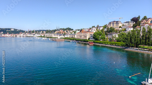 beautiful aerial view Lake Lucerne, Pilatus mountain city the summer season, boats and ships, travel and vacation to Europe concept, boat club, Luzern, Switzerland