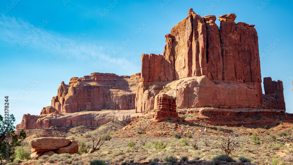Monumental red slickrock formation found along the Park Avenue Trail in Arches National Park