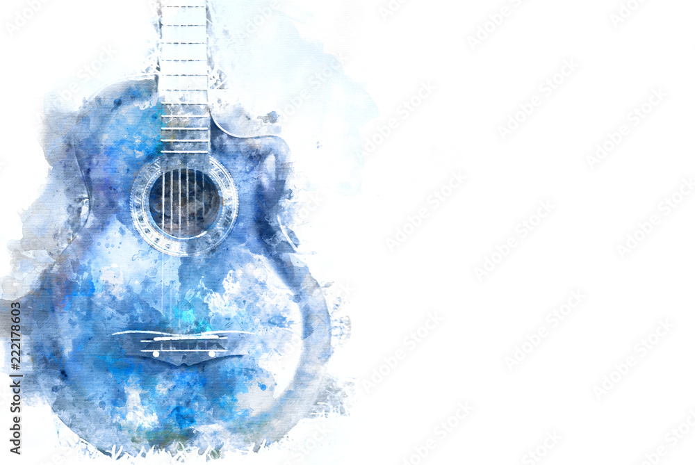 Abstract blue Acoustic Guitar in the foreground Close up on Watercolor  painting background. Stock-Foto | Adobe Stock