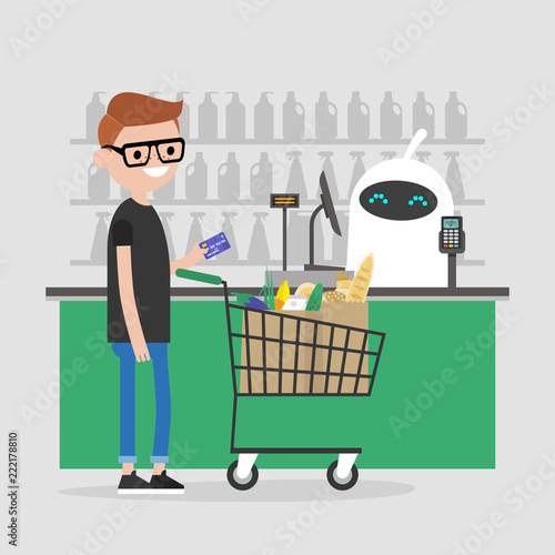 Artificial intelligent. Automatic payment system. Robot at the cash register in a supermarket. Futuristic technologies. Machine learning.