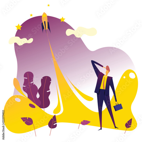 Businessman looking up the rocket to the sky, Business growth and start up concept. Vector illustration.