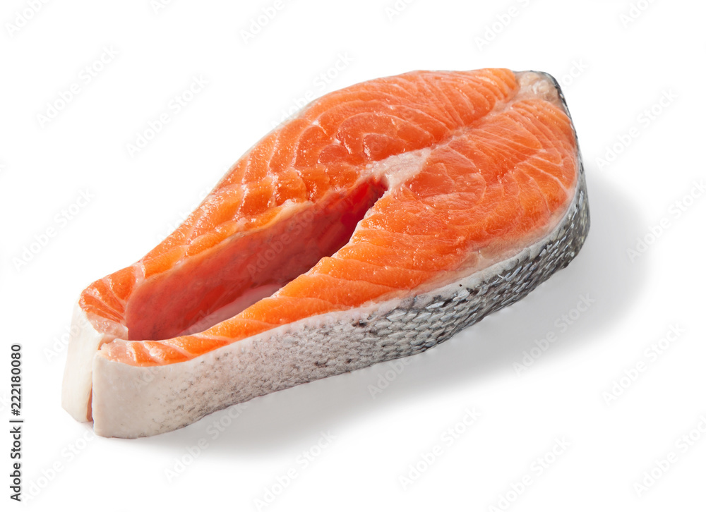 Raw salmon steaks slices, isolated on a white background. Raw salmon steaks slices, isolated on a white background.