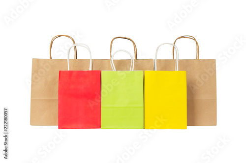 Set of colored and brown paper shopping bags isolated