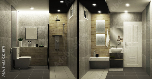 Toilet loft style tiles two tone interior design. 3D rendering