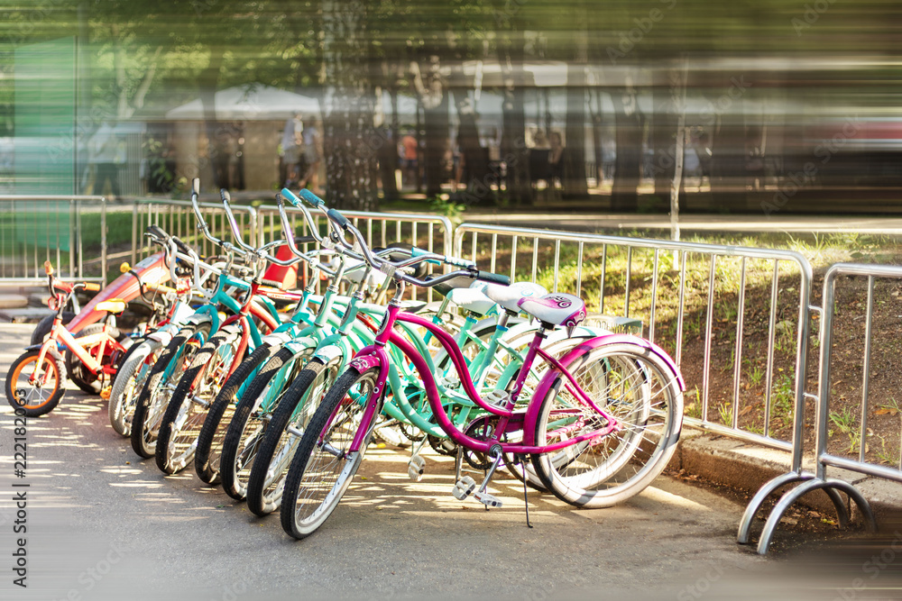 many colorful bikes for rent in the Park