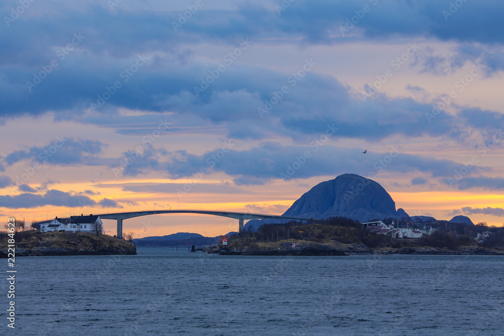 Sunset with Bronnoysund Bridge and Torghatten in the background - Northern Norway