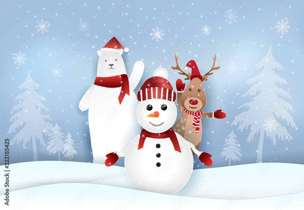 Snowman,Polar bear and deer with snowy. Christmas holiday season illustration background