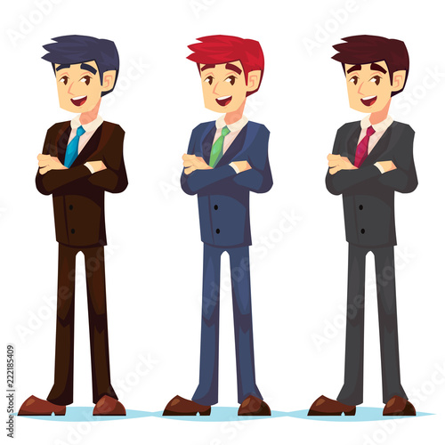 Stylish cartoon flat vector illustration set. Young office worker characters. Businessman in business clothes suit Young caucasian business man