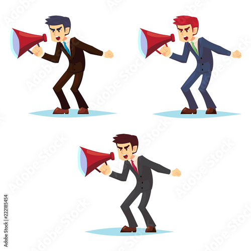 Angry young businessman character shouting through loud speaker. Cartoon character set - cute business man office worker Leadership speech. Business concept illustration