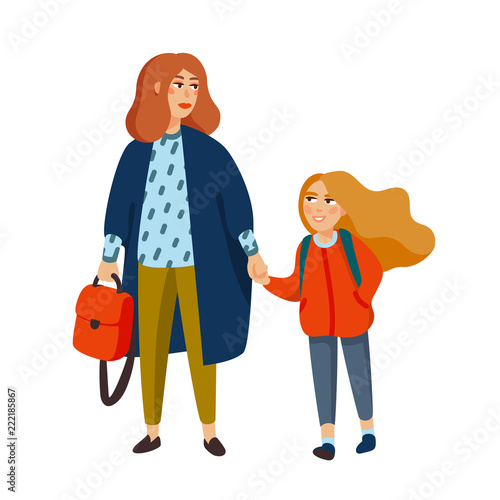 Stylish mother and daughter walking from school. Fashionable dressed mom walking with girl. Cartoon style vector illustration
