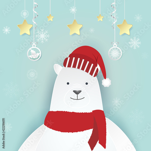 Polar bear and snowflake with christmas decoration paper art style holiday background