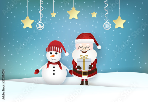Santa claus and snowman with christmas decoration background