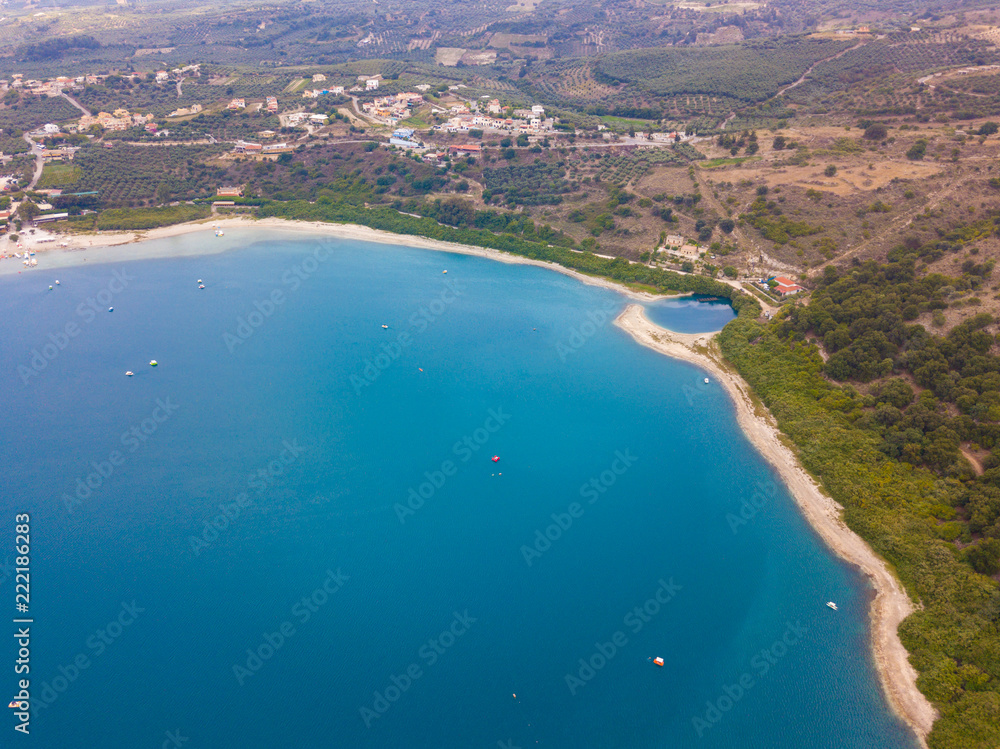 Aerial view to beautiful Lake Kournas in Crete island. Photo from drone. Greece.