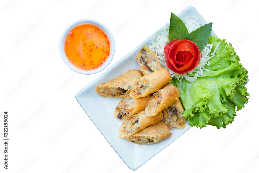 Veg. Spring Rolls and sweet chill sauce on white dish on isolated white background.Thai food and clipping path. Veg. Spring Rolls and sweet chill sauce on white dish on isolated white background.Thai food and clipping path.