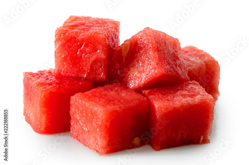 Pile of seedless watermelon cubes isolated on white.