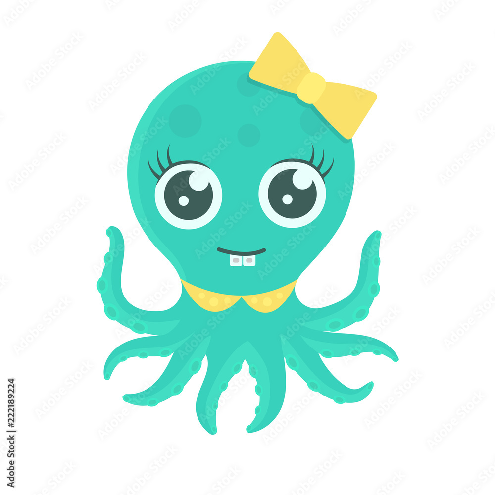 Vector illustration of pretty octopus girl kid with big eyes, braces, collar and yellow bow. Pretty flat cartoon style for prints and decoration. EPS 10 Stock Vector | Adobe Stock Vector illustration of pretty octopus girl kid with big eyes, braces, collar and yellow bow. Pretty flat cartoon style for prints and decoration. EPS 10 Stock Vector | Adobe Stock