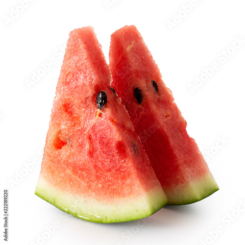 Two standing watermelon triangles with seeds  isolated on white.