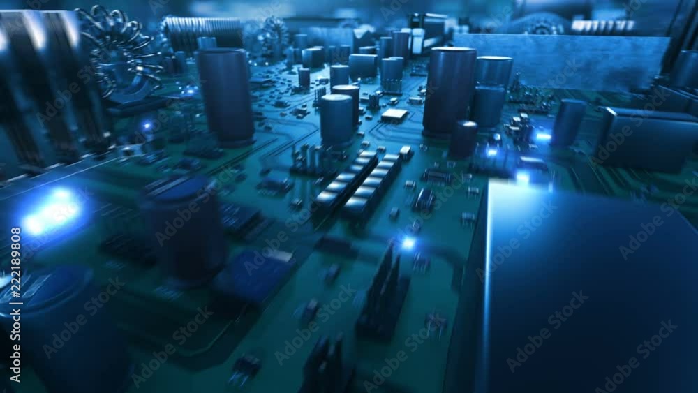 Beautiful Flight Over Main Card With Blue Signals on Tracks and Moving Inside Processor. Abstract 3d Animation in Cyberspace with Bright Flashes and Numbers. Digital Concept. 4k UHD 3840x2160.