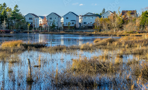 Houses on Belchers Marsh Park cast reflections onto the surface of the pond, autumn October 17, 2014. photo