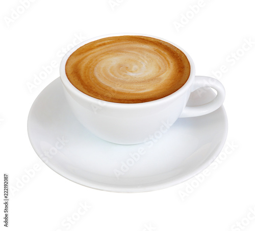 Hot coffee cappuccino latte in white cup with stirred spiral milk foam texture isolated on white background, clipping path included.
