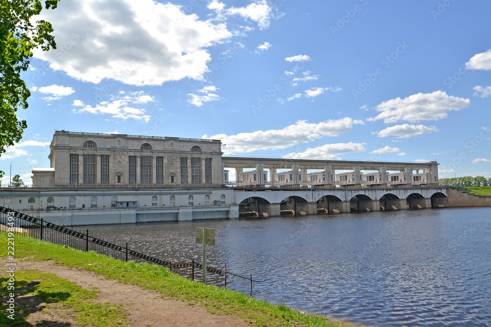 View of the Uglich hydroelectric power station in summer day. Uglich, Yaroslavl region