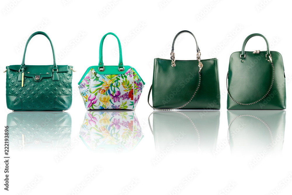 Green female handbags collection isolated on white background.Front view.

