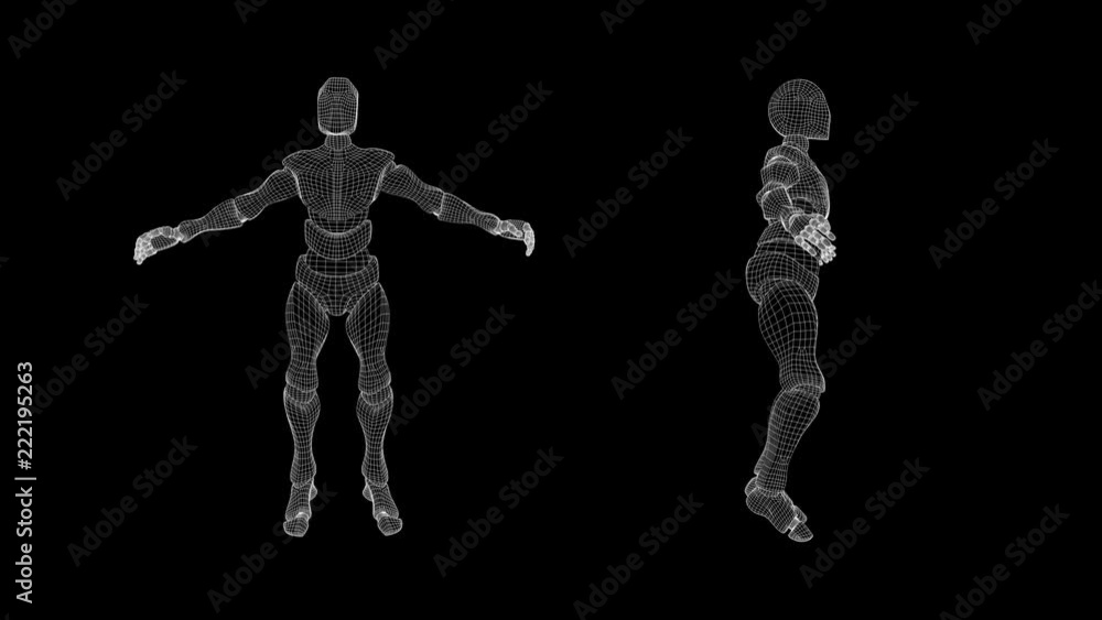 Wireframe: quarter-speed slow motion, dual view of male android - jumping jacks. Works as its own transparency mask. Seamless loop. Wireframe: quarter-speed slow motion, dual view of male android - jumping jacks. Works as its own transparency mask. Seamless loop.