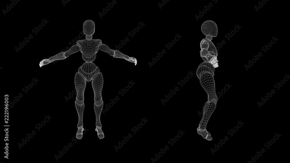Wireframe: quarter-speed slow motion, dual view of female android - jumping jacks. Works as its own transparency mask. Seamless loop. Wireframe: quarter-speed slow motion, dual view of female android - jumping jacks. Works as its own transparency mask. Seamless loop.