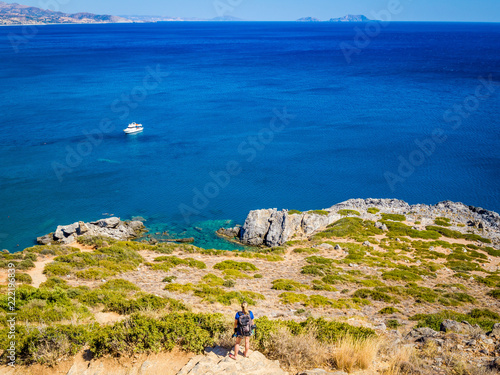 Panorama of Preveli beach (Palm beach) at Libyan sea, with river and palm forest, Crete, Greece