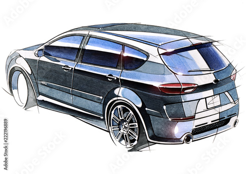 A sketch of a steep SUV pickup for outdoor activities.