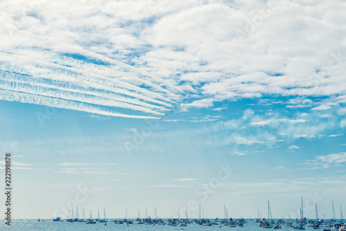 Red Arrows - Royal Air Force air plaines under Bournemouth beach during Bournemouth Air Festival 2018. BOURNEMOUTH, UK - AUGUST 31, 2018